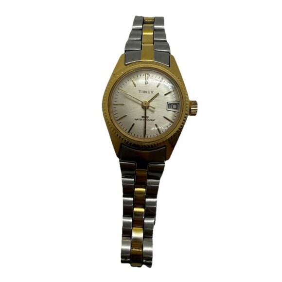 Vtg Timex Watch Women's 25mm Silver Gold Two Tone Date Mechanical Manual Wind - Picture 1 of 7